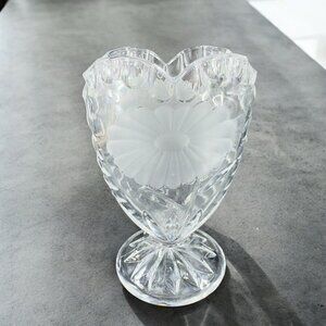 Vintage Clear Crystal Glass Vase Heart Shaped Etched Flower Double Sided Clear